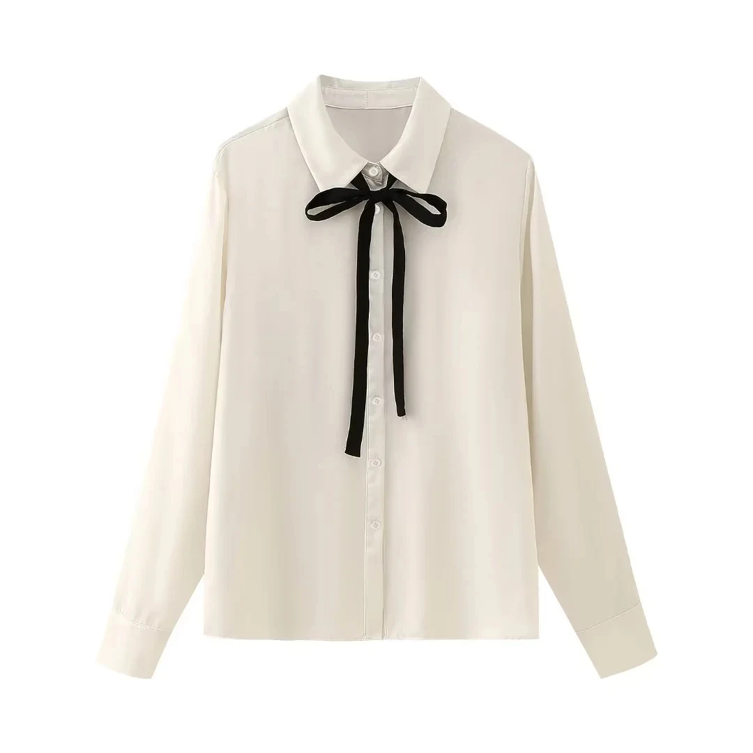 

RAF Contrast Bow Lace-Up Women Shirts Lapel Long Sleeves Singlebreasted Blouses Spring Woman's Chic Casual Simple Solid Shirt