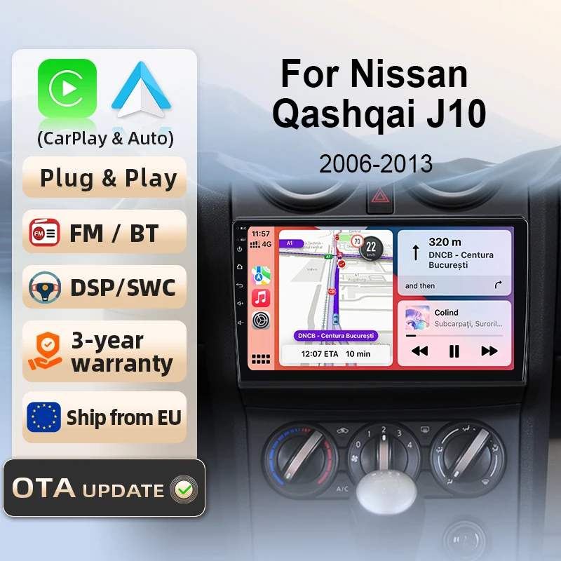 Autoradio für Nissan Qashqai J10 2006-2013, kabelloses CarPlay & Android Auto, Subwoofer-Verstärker, intelligente Systeme, IPS/QLED-Touchscreen, Kamera, DSP, GPS-Navigation, WiFi, DAB+, FM, DSP, BT, SWC, Plug & Play, 2