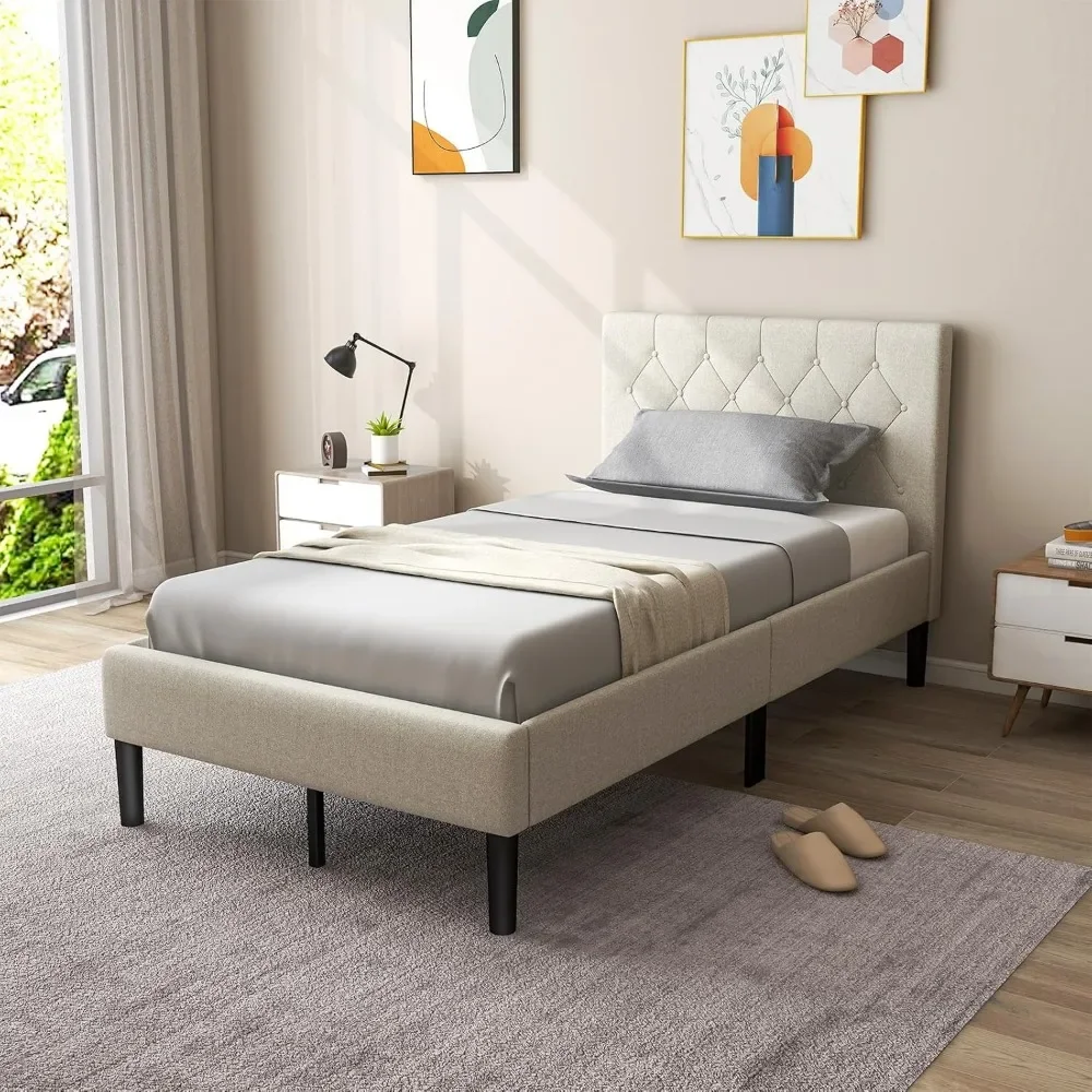 Twin Bed Frames for Kids, Modern Upholstered Platform Bed with Button Tufted Headboard, Wooden Slats Support Mattress 3