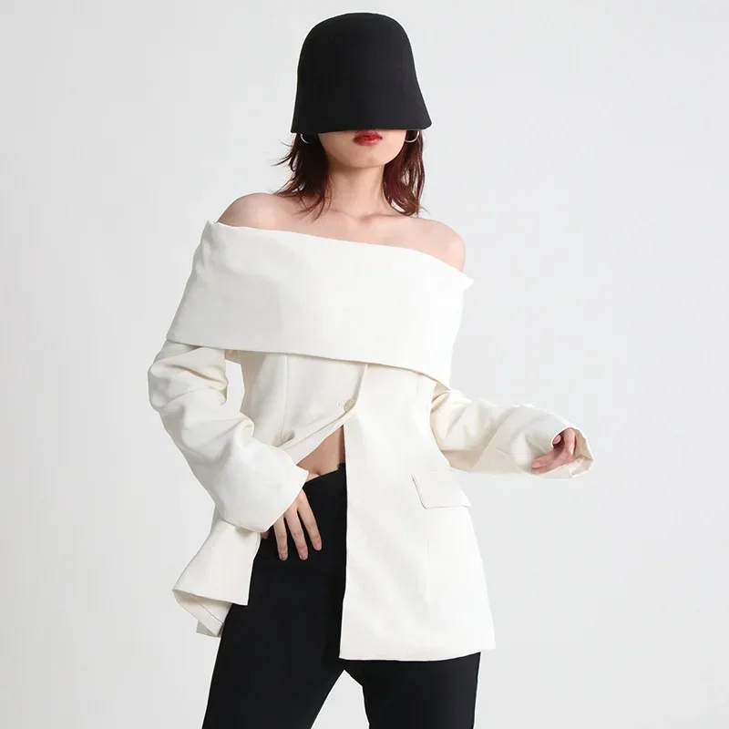Women‘s Off-shoulder Sexy White Suit Jacket Spring Fashion Chic Slim Suits Vintage Office Ladies Business Work Wear Formal Coat