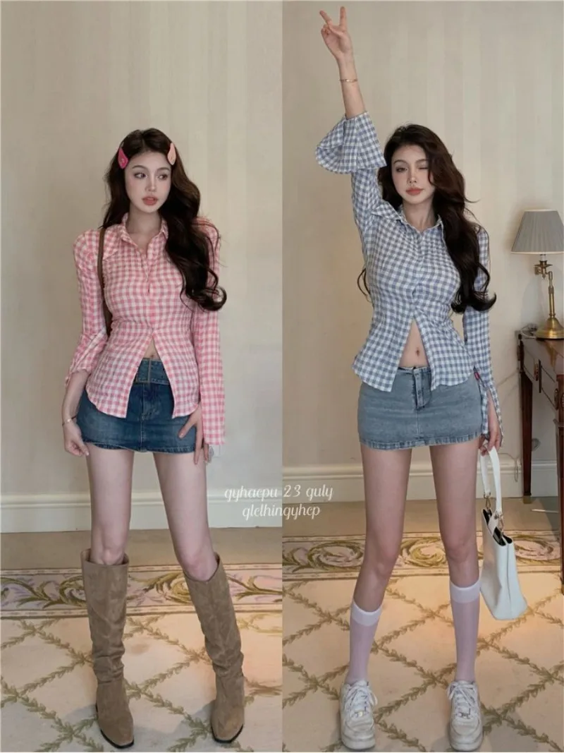 

Корейская модная розовая клетчатая рубашка, женская дизайнерская Весенняя пикантная Облегающая рубашка с длинным рукавом для девушек