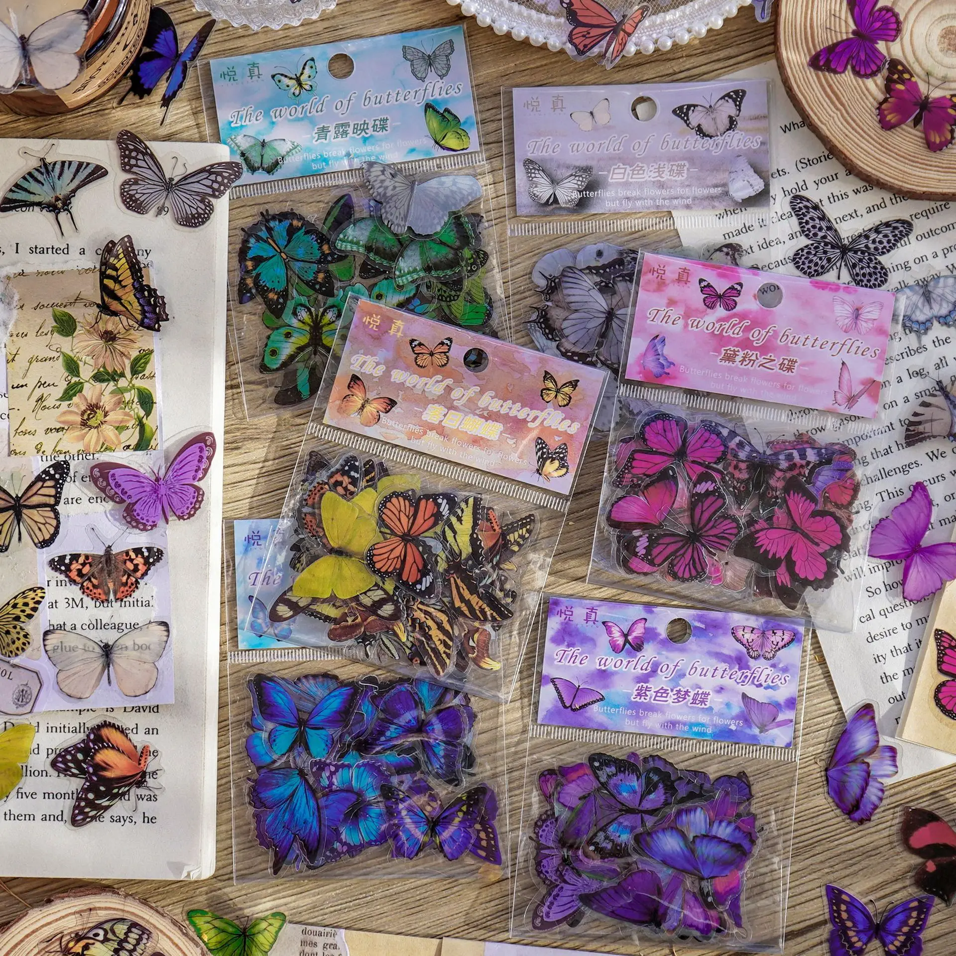 Journamm 40pcs/pack Butterfly Series Stickers Art Collage Junk Journal DIY Scrapbooking PET Waterproof Craft Aesthetics Stickers