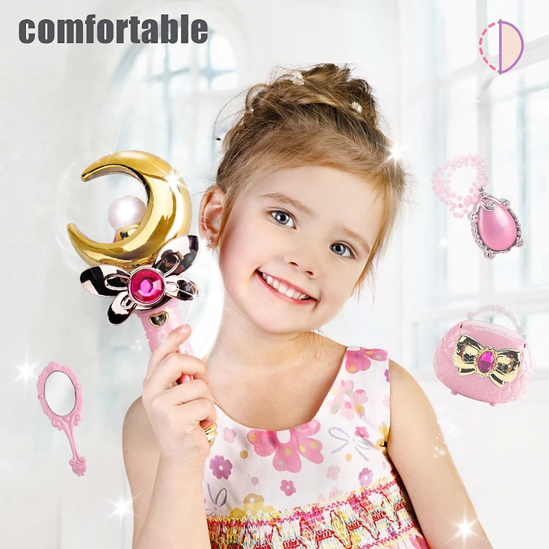Pink Moon Fairy Magic Wand Colorful Glowing Musical Staff Playhouse Princess Toy Set with Bracelets Bags Earrings Girls Gifts