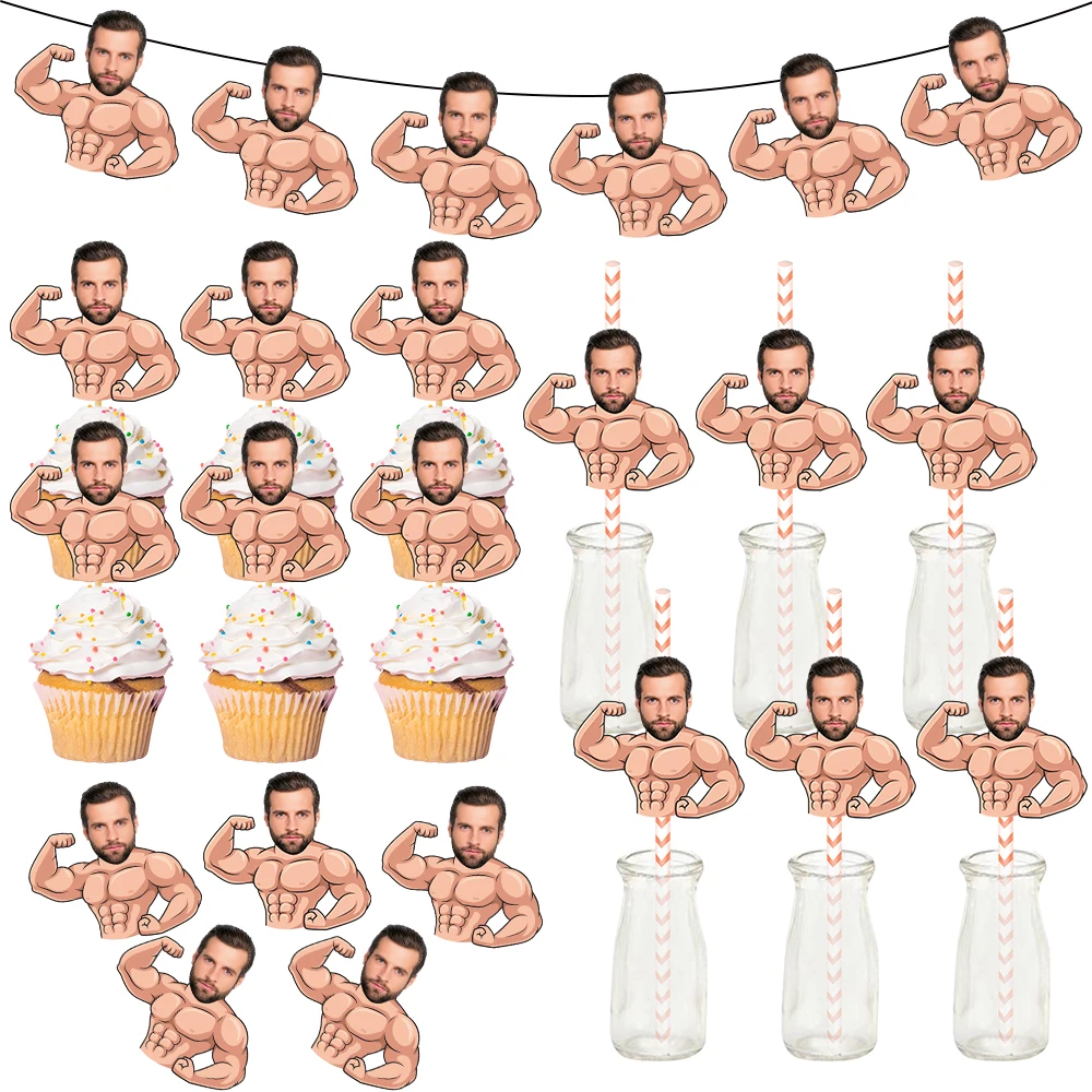 Benutzerdefinierte Muskel Mann Gesicht Foto Papier Banner Kuchen Topper Strohhalme Aufkleber Bachelorette Party Liefert Erwachsene Geburtstag Party Dekor