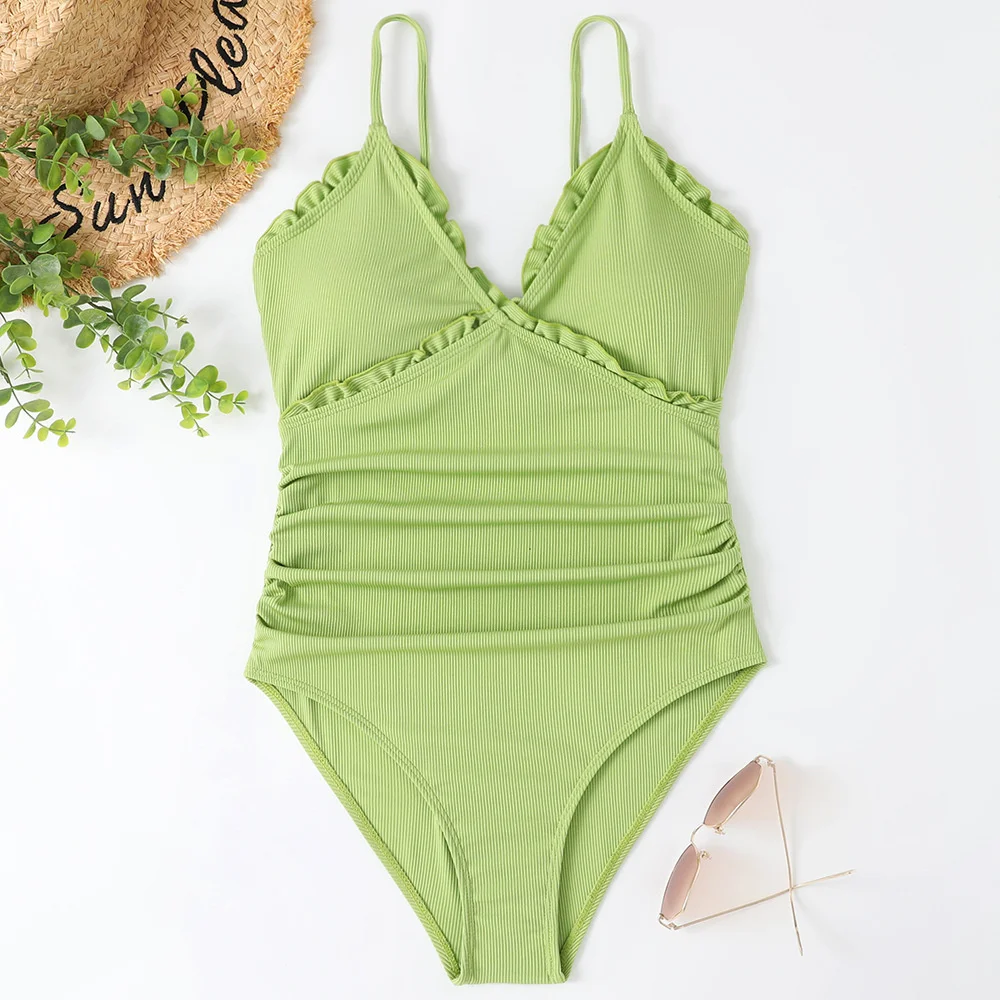 

Модное бикини с рюшами на бретельках, сращивающийся купальник в рубчик, монокини с открытой спиной, женское пляжное бикини