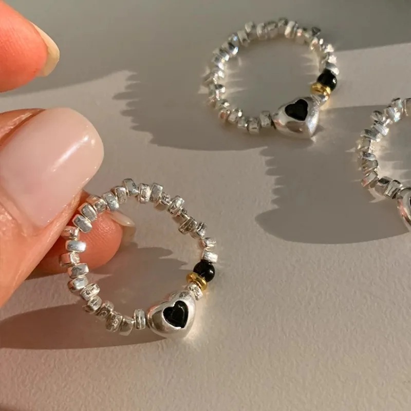 

New Fashion 925 Silver Open Finger Ring Heart Black Square String Punk Stackable For Women Girl Jewelry Gift Dropship Wholesale