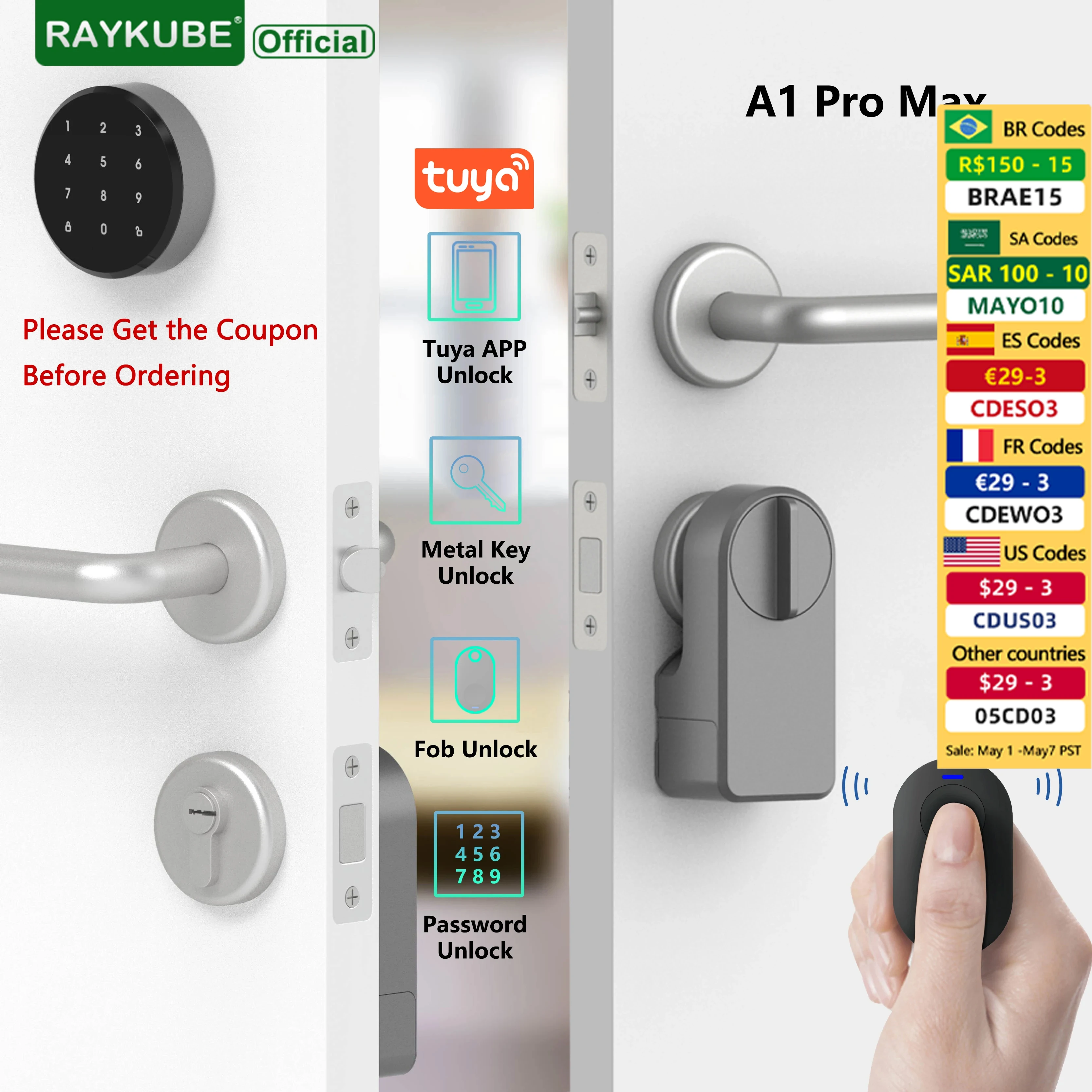 

RAYKUBE A1 Pro Max Tuya BEL Smart Electronic Door Lock Set with Fobs/Wireless Keypad/Smart Key Smart Life/Tuya APP Remote Unlock