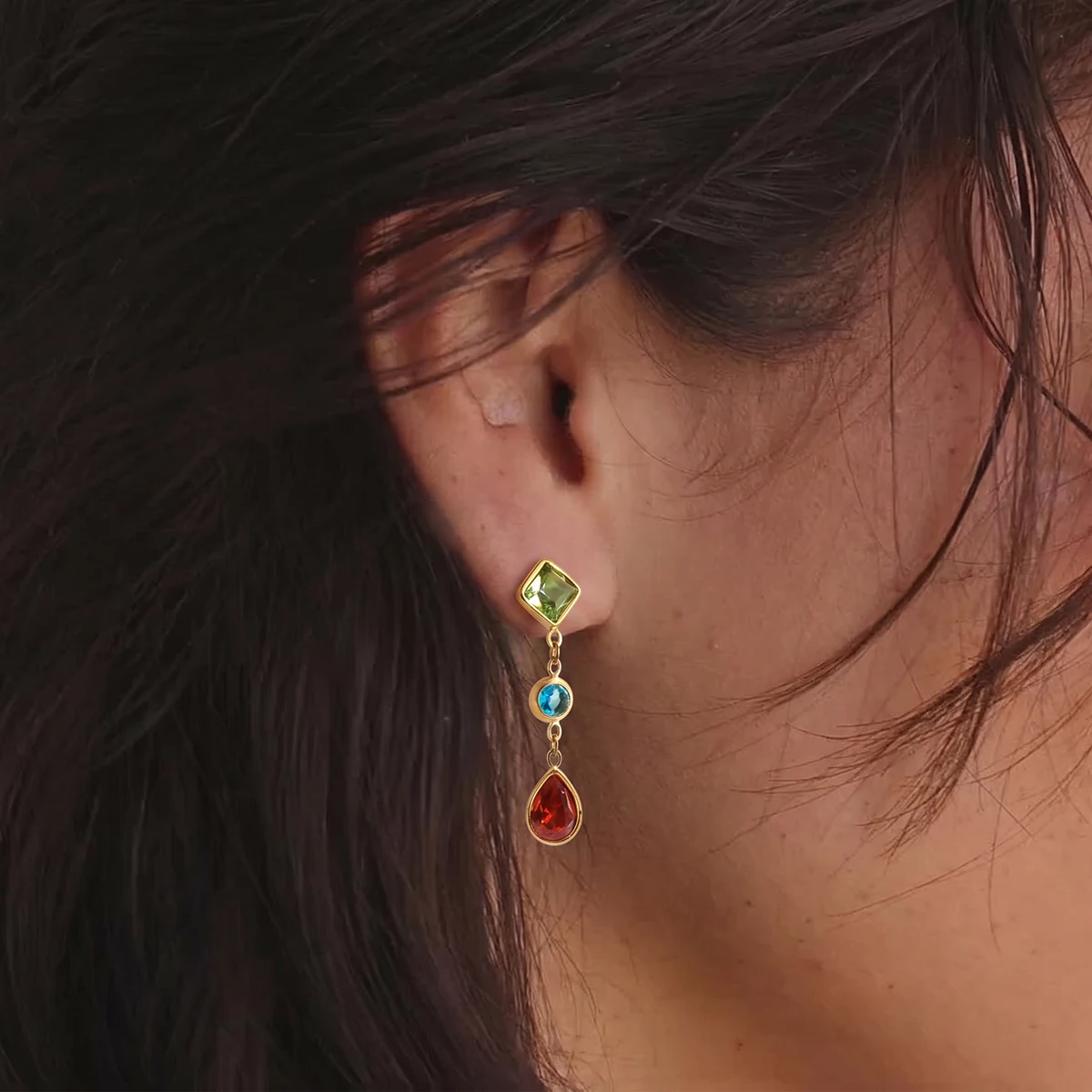 Uworld Elegant Multicolor Geometric Zircon Drop Earrings For Women 18K Gold Plated Stainless Steel Earrings Fashion Jewelry Gift