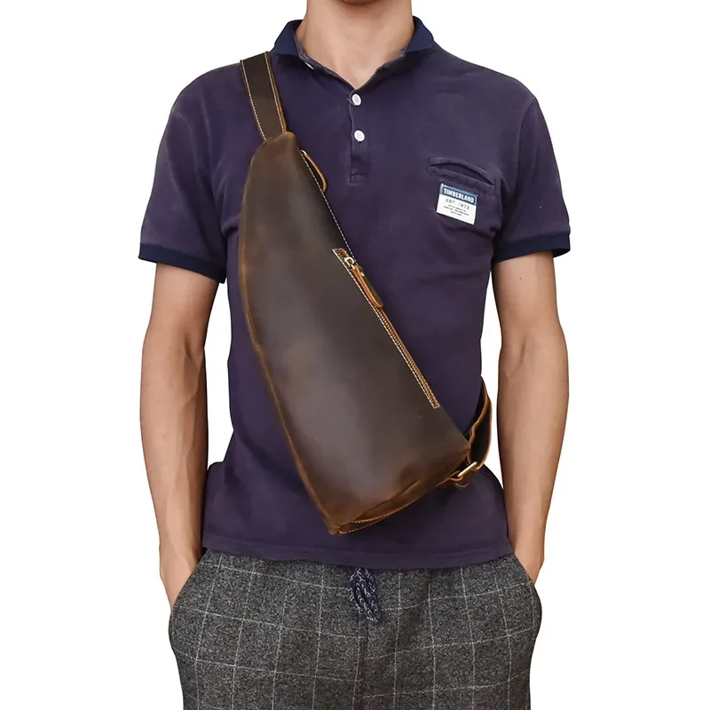 Vintage Crazy Horse Leather Chest Bag for Men