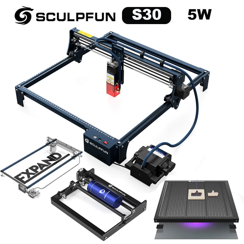 

Лазерный гравер SCULPFUN S30 с Сотами и вращающимся роликом, автоматическая система воздушной помощи, гравировальная машина 410x400 мм, зона гравировки