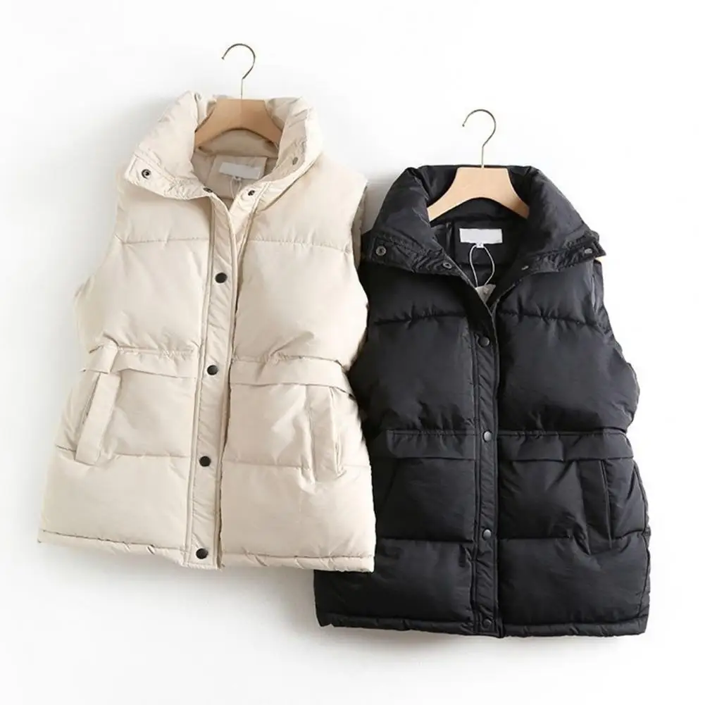 Women Winter Coat Padded Solid Color Thick Warm Soft Single-breasted Lapel Sleeveless Cardigan Windproof Lady Casual Pockets Wai