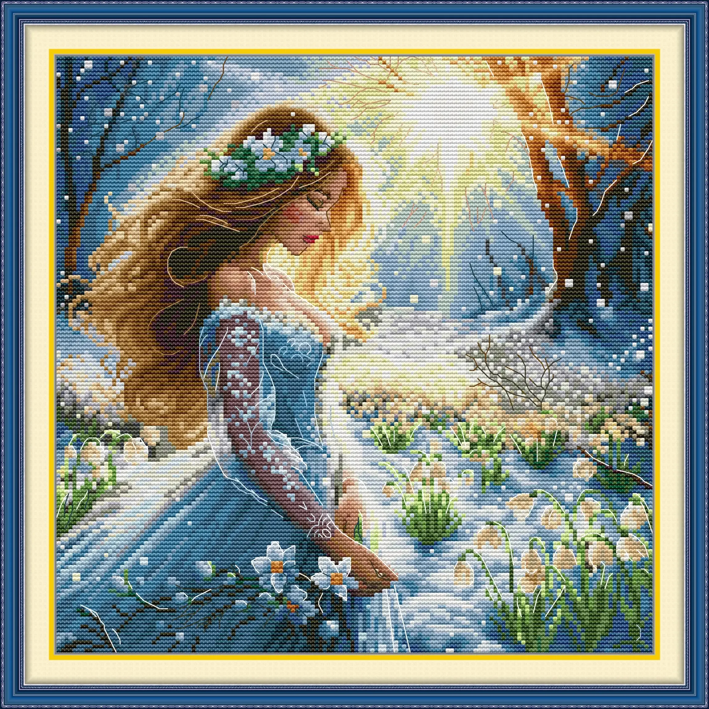 Joy Sunday Pre-printed Cross Stitch Kit Easy Pattern Aida Stamped Fabric Embroidery Set-Snow Fairy