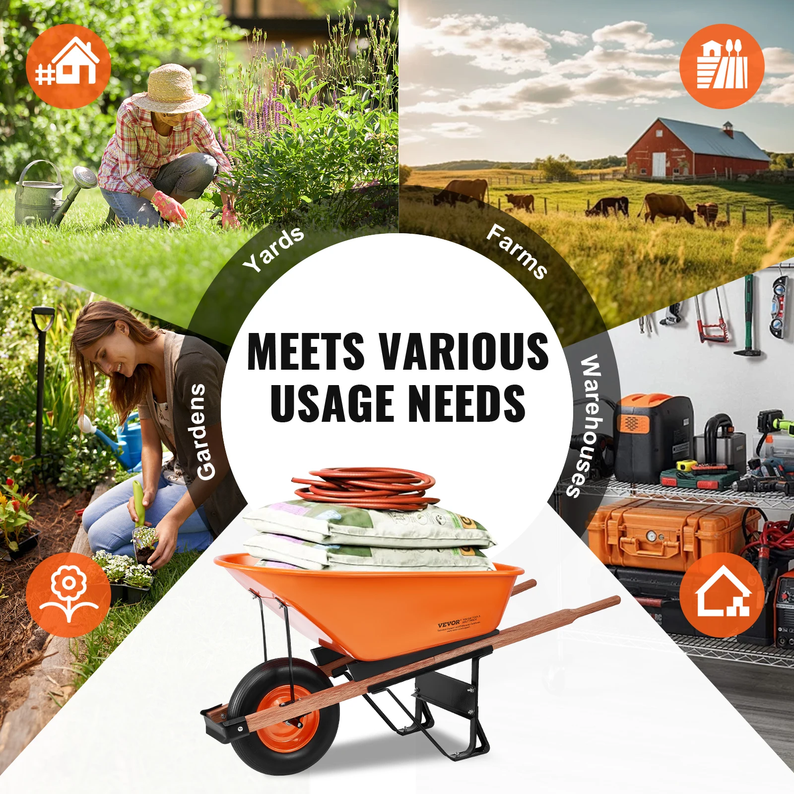 VEVOR Wheelbarrow Cart 330 lbs Capacity One Wheel Garden Dump Cart Wheel Barrow with Handle & 16" Wide Track Wheels for Farm