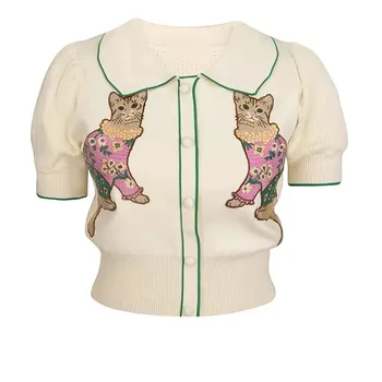 여성용 세련된 스웨터, 만화 자수 반팔 니트웨어 상의, 우아한 시크 여성 점퍼, 여름 2024 신상 패션