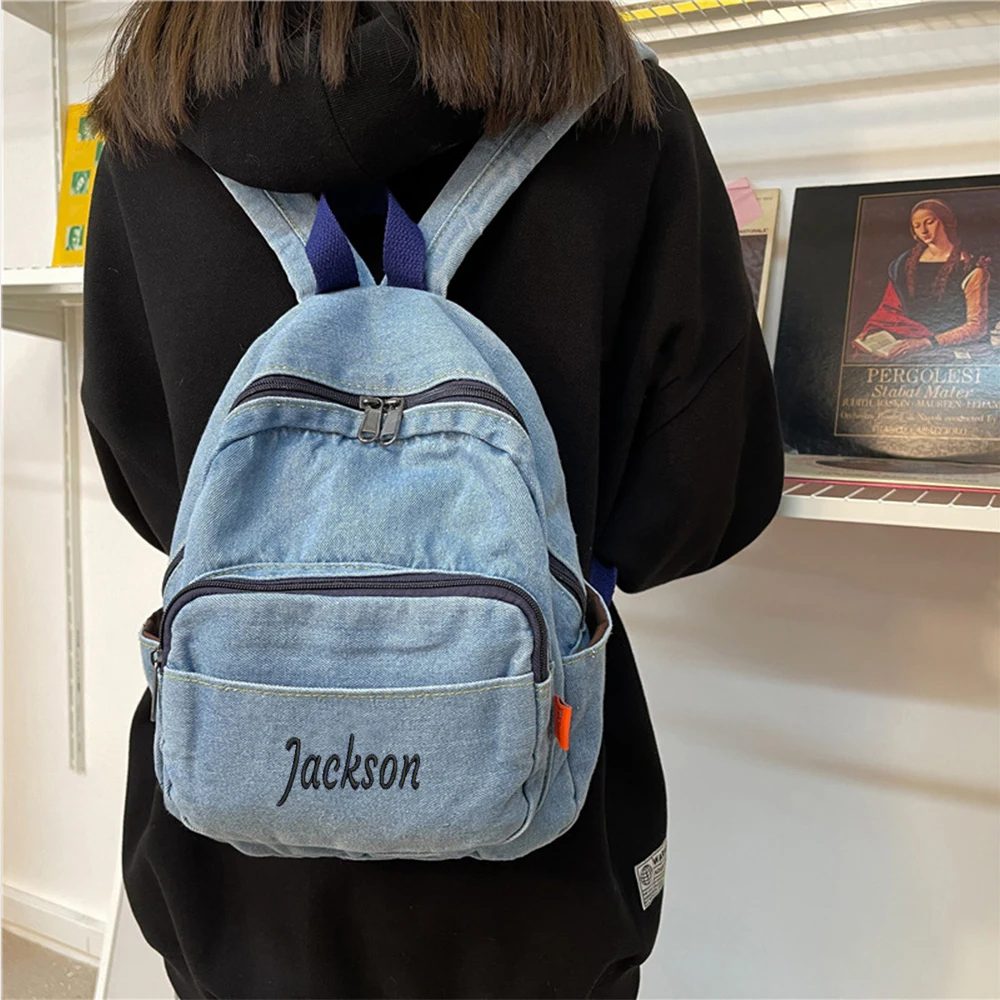 Denim Backpack Can Embroidery Name Women's Outdoor Denim Canvas Travel Bag Custom Personalized Name College Student Schoolbag цена и фото