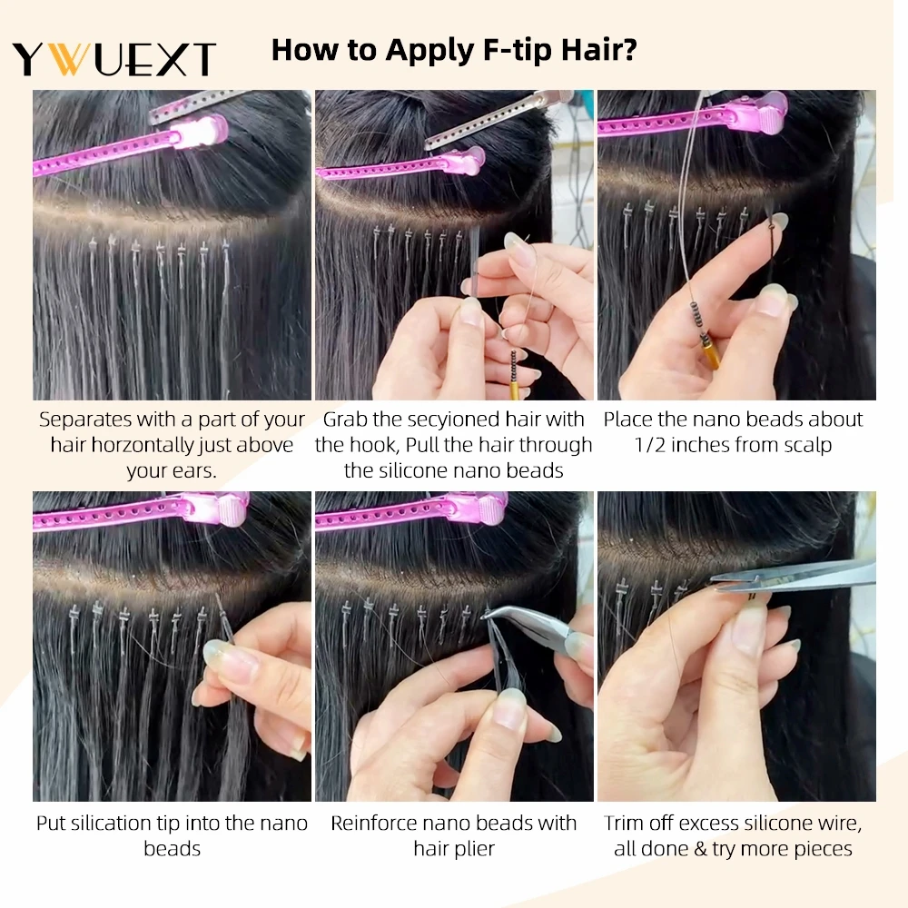 YWUEXT Flexible F Tip Hair Extensions 16''- 24'' Natural Invisible Nano Ring Hair Microlink Human 1g/s Micro Beads