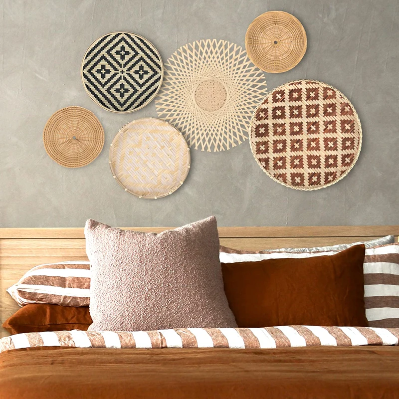 Set Di 7 Cestini Da Parete Bohémien In Rattan E Bucce Di Mais, Fatti A Mano, Decorazione Murale Rotonda Per Soggiorno, Camera Da Letto, Cucina - 2