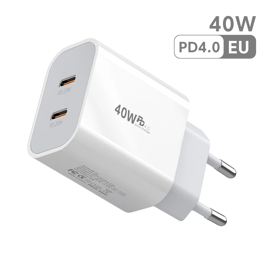 40W Dual USB-C Fast Charging Adapter with EU/UK/US Plug