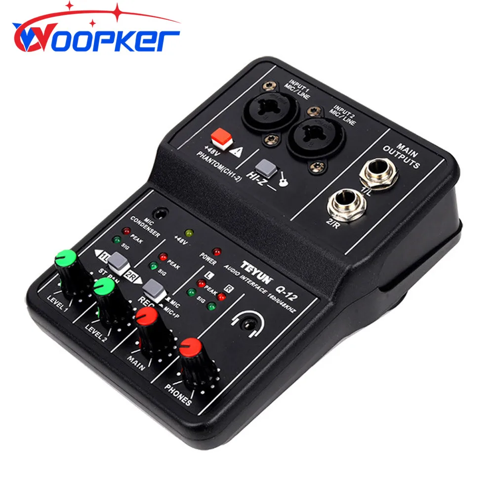 Woopker Sound Card Audio Mixer Console Desk System Interface 2-Channel with 48V Power Stereo for Recording Singing on PC