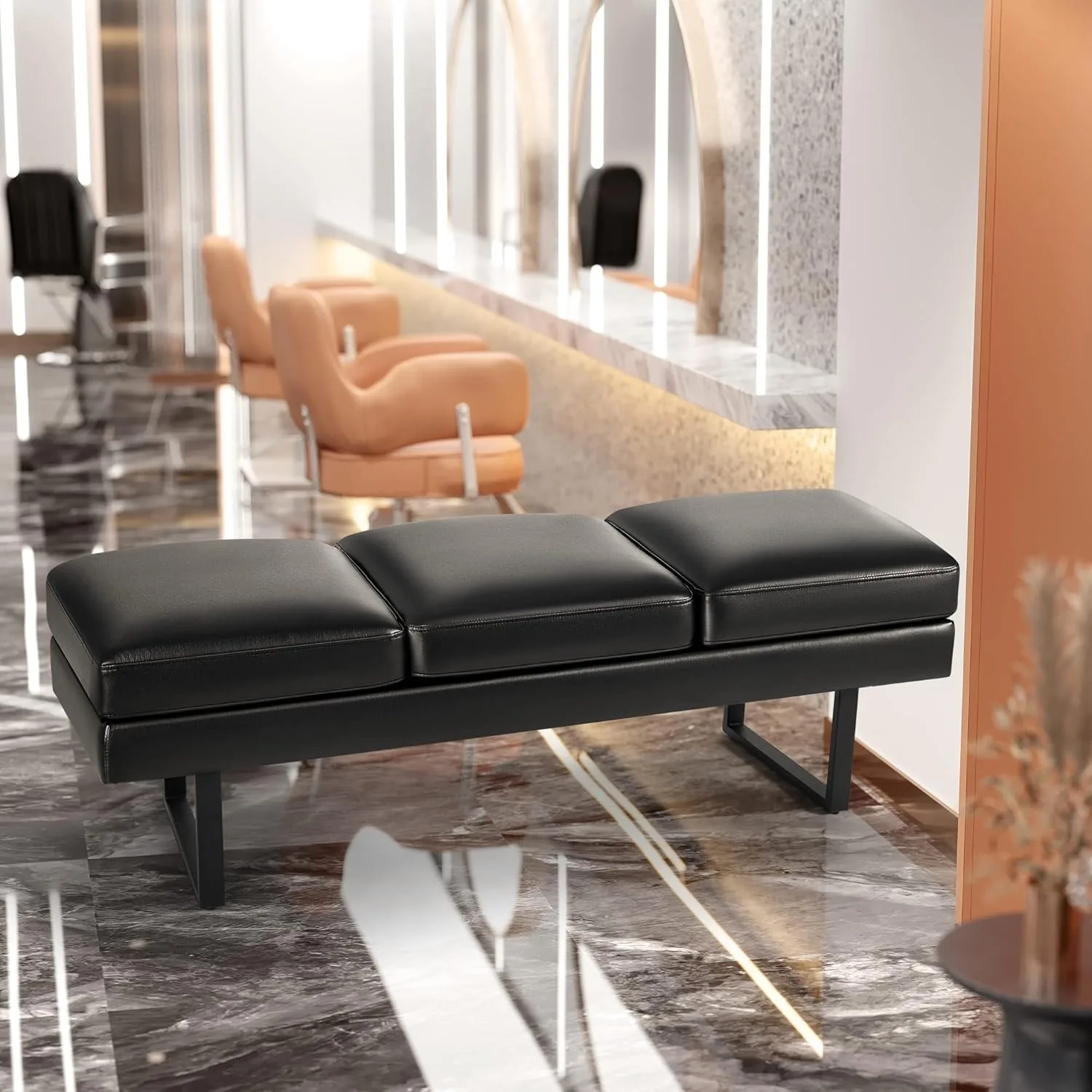 Waiting Room Chairs Faux Leather Office Guest Chair, 59.6 Inches Conference Room Chairs 3 Seats Upholstered Reception Bench, Lob 4
