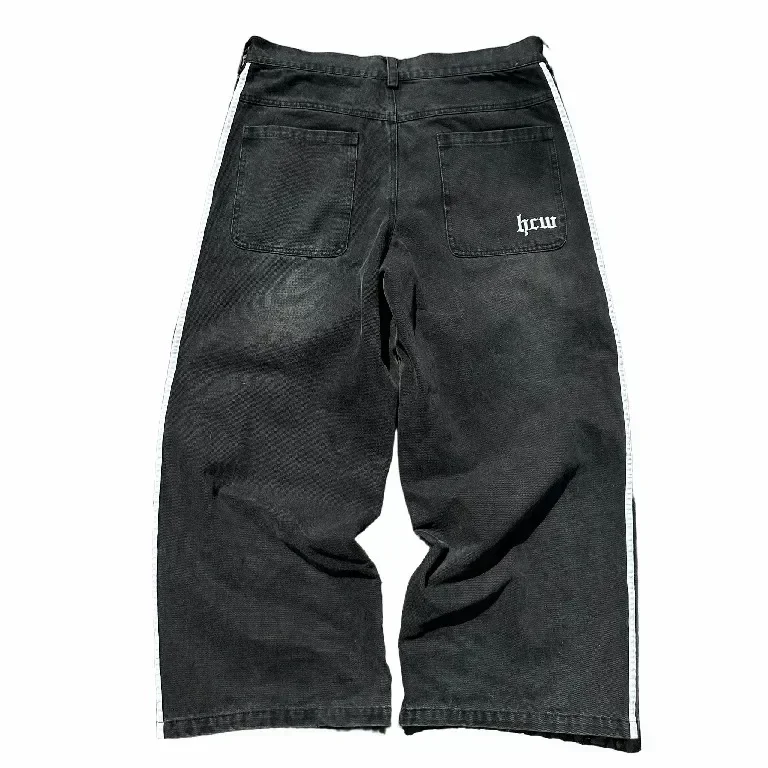 HCW American Jeans Y2K Clothes Mens Harajuku Hip Hop Striped Letters Embroidered Baggy Jeans Black Pants Rock Wide Leg Trousers 5