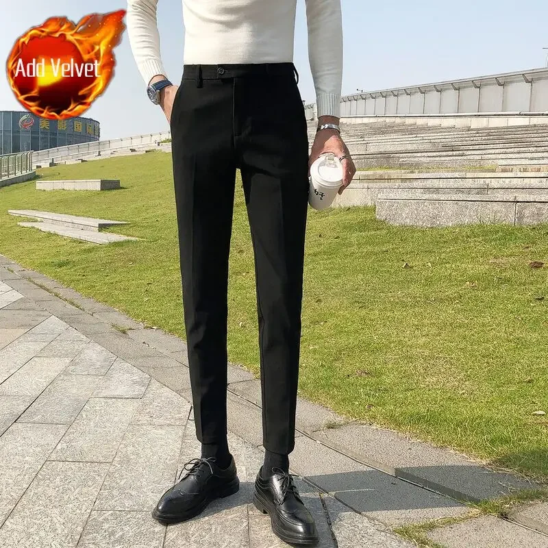 thumbnail image 1 of Pantalones de traje masculino elásticos de sastrería social con trenzas Pantalones de verano para hombre drapeados rectos fluidos ajustados elásticos de negocios elegantes, 1 of 5
