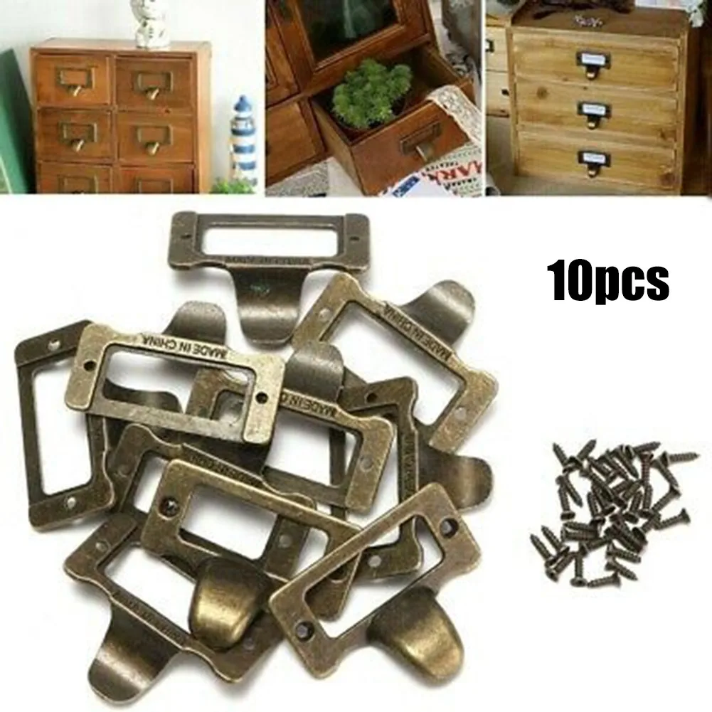Antique Brass 10 PCS Label Pulls Antique Style Cabinet Cupboard Drawer Durable Label Name Card Holder Tag File