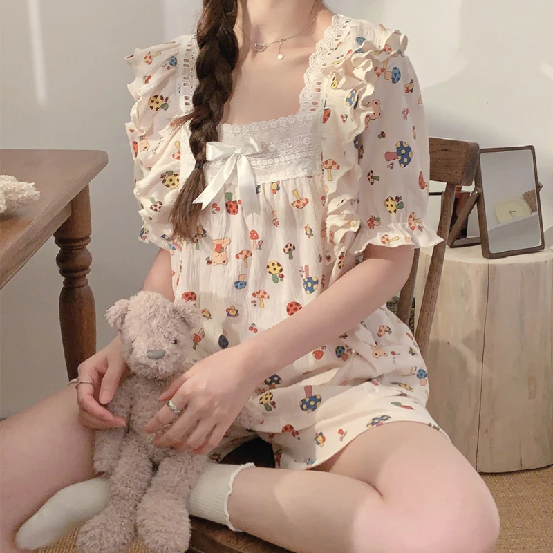 

Summer Pajama Sets For Women Sleepwear Girl Princess Lace Cotton Pyjama Pour Femme Kawaii Bear Print Short Loose Casual Home
