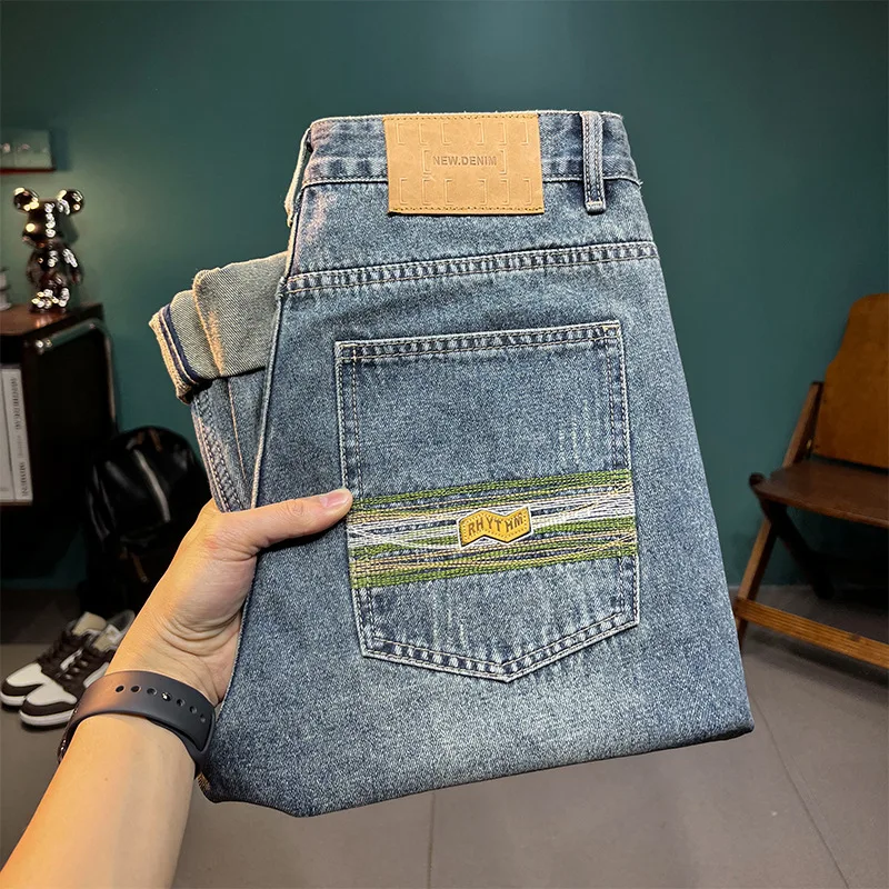 2024 New embroidered men's jeans fashion brand all-matching retro Pu handsome high-end pencil pants summer pants