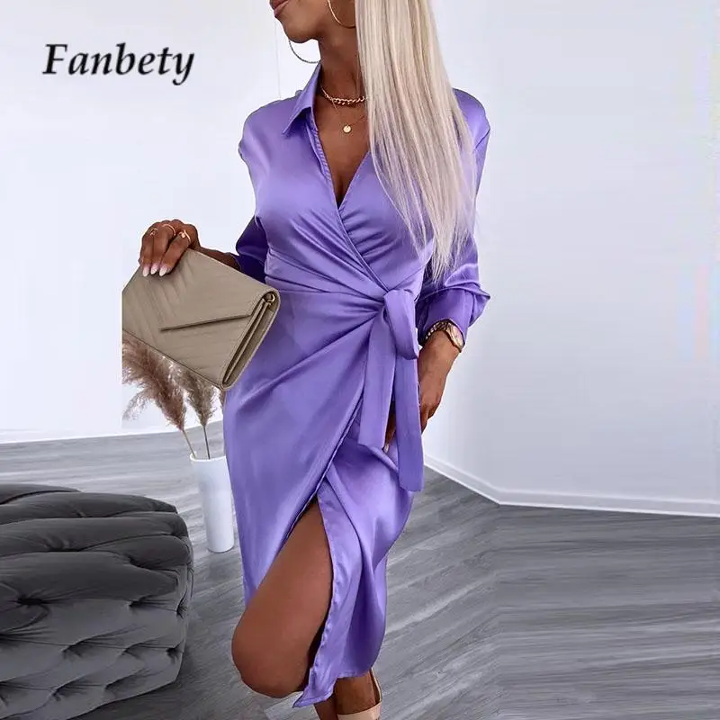 

Осеннее однотонное платье-рубашка с длинным рукавом, разрезом, модное офисное платье с отворотом, V-образным вырезом и поясом, женские элегантные атласные платья