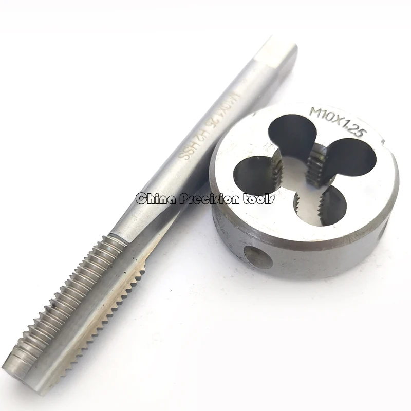 2pcs 미터법 왼손 탭 다이 세트 M10 M10X1.5 M10X0.75 M10X1 LH 스레드 스트레이트 플루트 플러그 탭 라운드 다이 세트 M10X1.25 M10X1