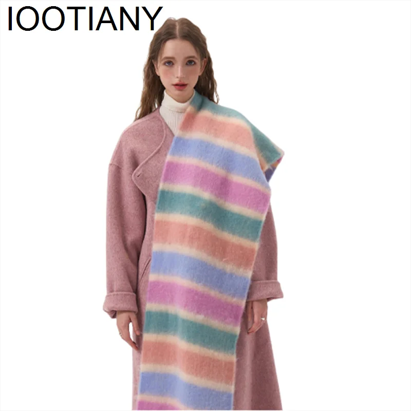 Winter Outside The Warm Wool Ball Scarf Dopamine Colourful Stripes Shawl Version Of The Atmosphere Sense Of Cold Couple Scarf