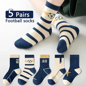 5 Pairs Children's' Socks Spring Autumn Cotton Socks Kids Striped Football Pattern Sock 1-14T Boys Mid-calf Length 1