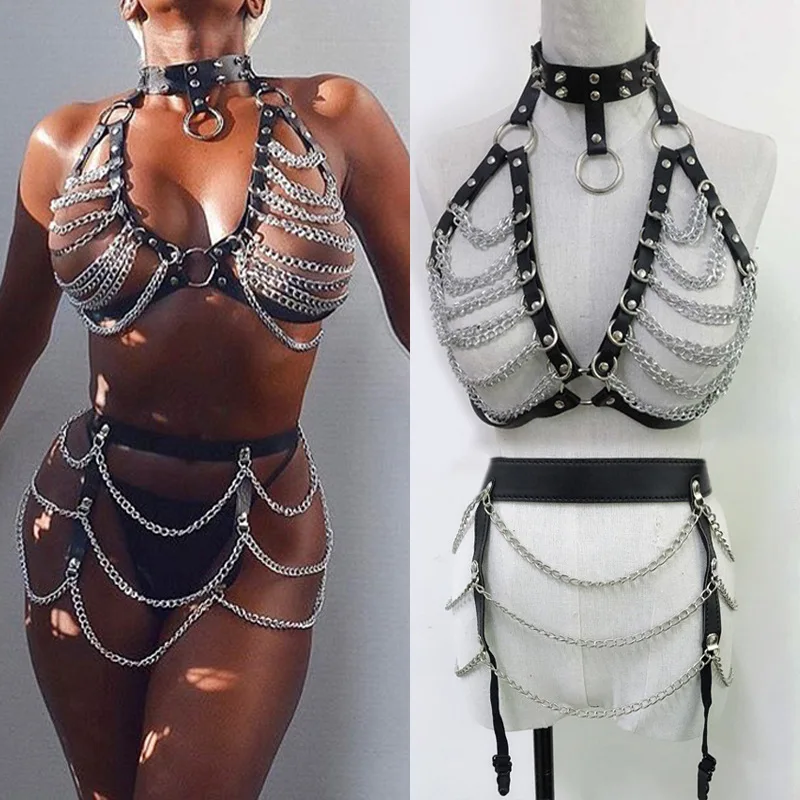 

Women's Rivet Punk Style SuSpender Waistband Nightclub Waist Chain PU Belt Leather Skirt Set Of Two Pieces