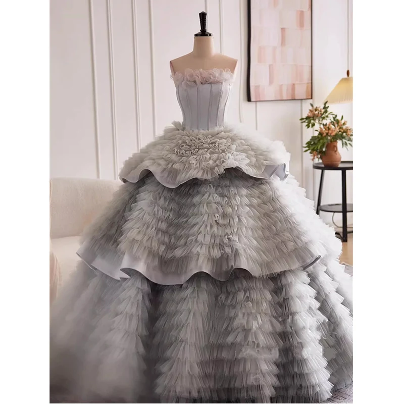 

Bespok Occasion Dress Gray Tulle Ruffles Quality Strapless Lace up Princess Floor length Plus size Women Party Evening Ball Gown