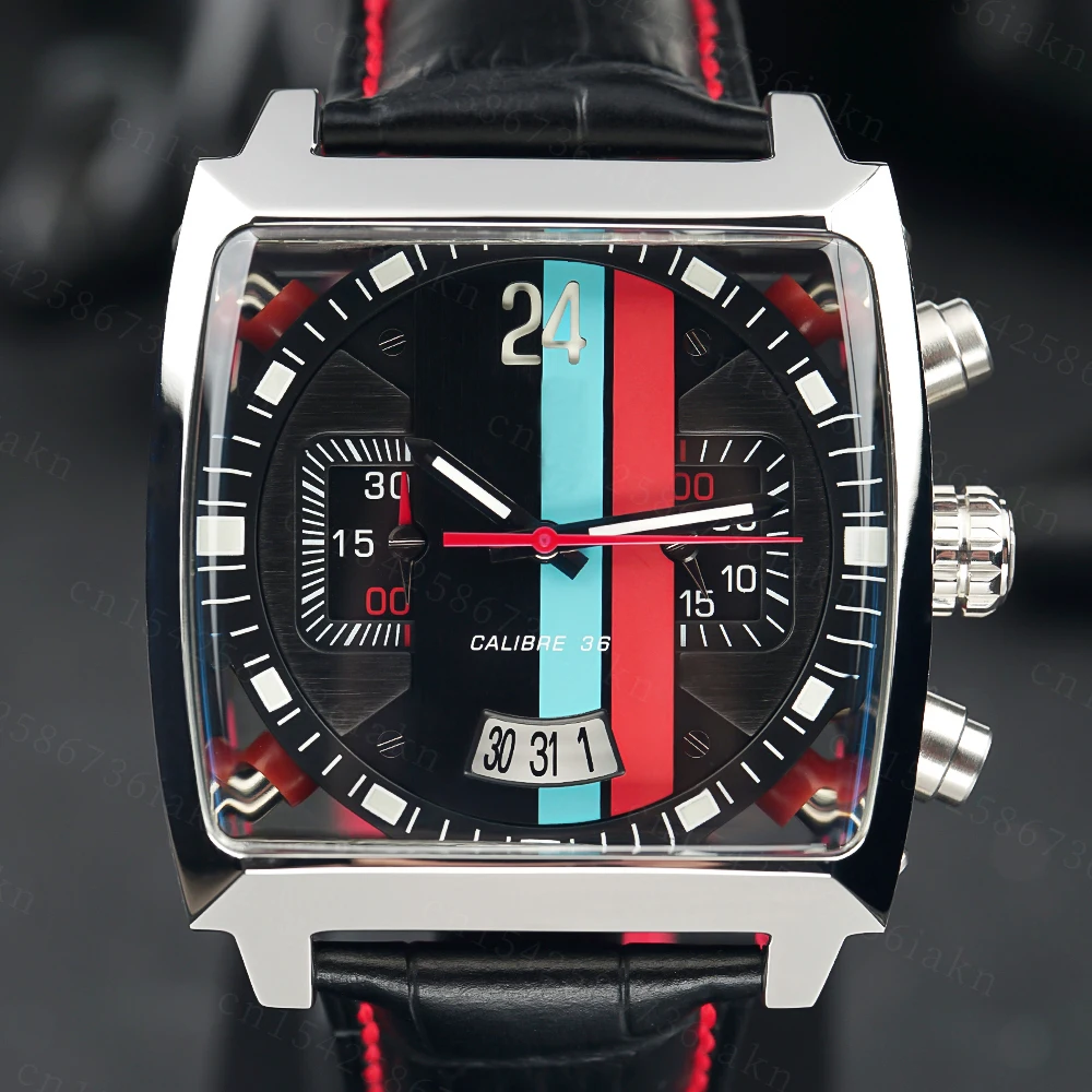 2022Fashion New Men's Color Bar Square Dial Sapphire Mirror Stainless Steel Leather Strap Sports Leisure Waterproof Quartz Watch