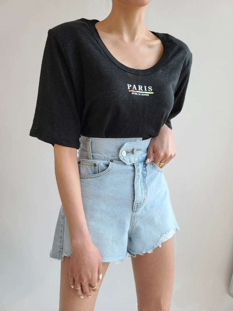 Women Summer Chic Double Button Female Blue Denim Shorts 2024 New High Waist Ripped Edge Jeans Shorts All-Match Casual Bottoms