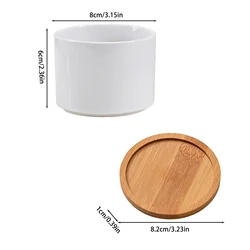 Green Ceramic Planter Pot with Bamboo Tray for Succulents and Small Bonsai (Flower pot with tray)