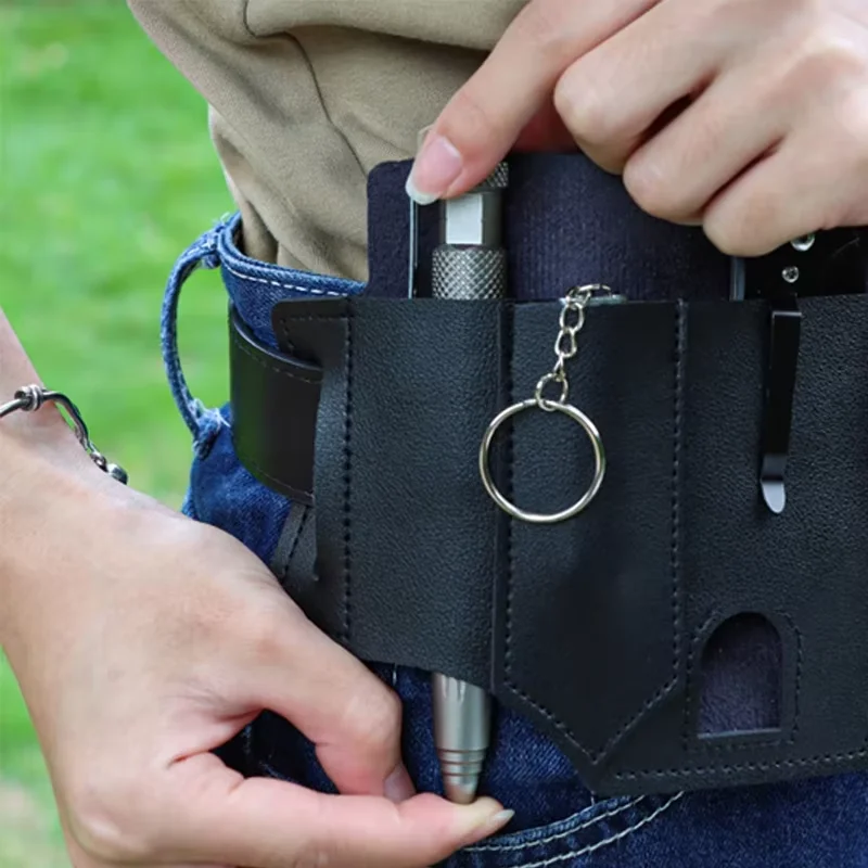 Outdoor Leather EDC Tool Knife Sheath Pockets Multitools Holder Essentials Organizer Belt Pouch Pocket Hunt Portable Flashlight 6