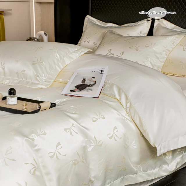 Ensemble de housse de couette couleur crème 3 pièces (1 * housse de couette + 2 * taie d'oreiller, sans noyau), parure de lit jacquard à nœud 4