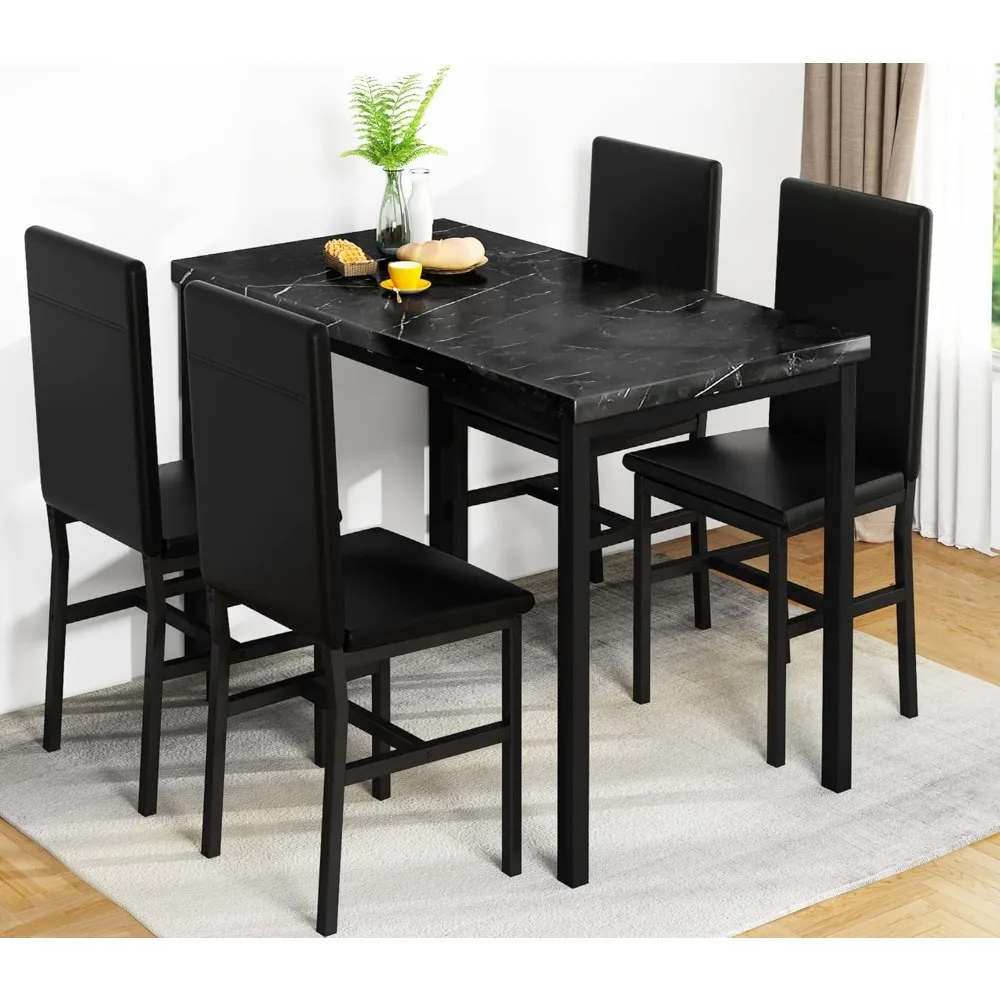 Black Kitchen Table and Chairs for 4, Compact Furniture 5-piece Dining Room Table Set Faux Marble
