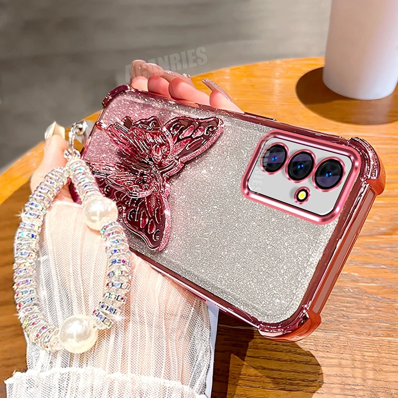 Lanyard Plating Butterfly Holder Silicone Shockproof Stand Case Cover