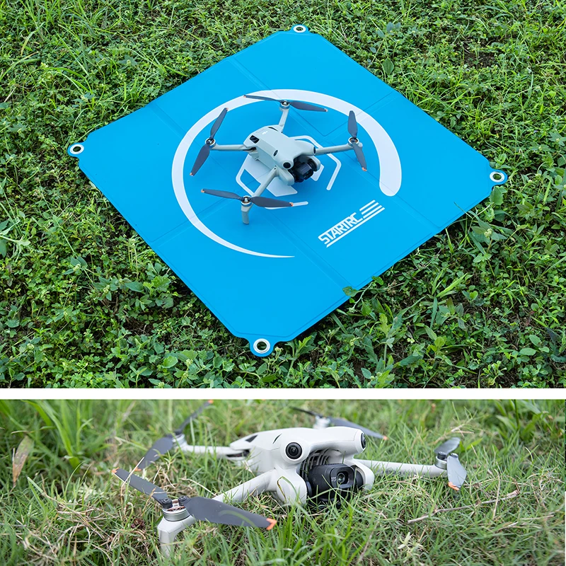 Gros plan sur le tapis d'atterrissage pour drone 55x55 cm avec drone Mavic en vol au-dessus, prêt à atterrir sur la surface antidérapante.