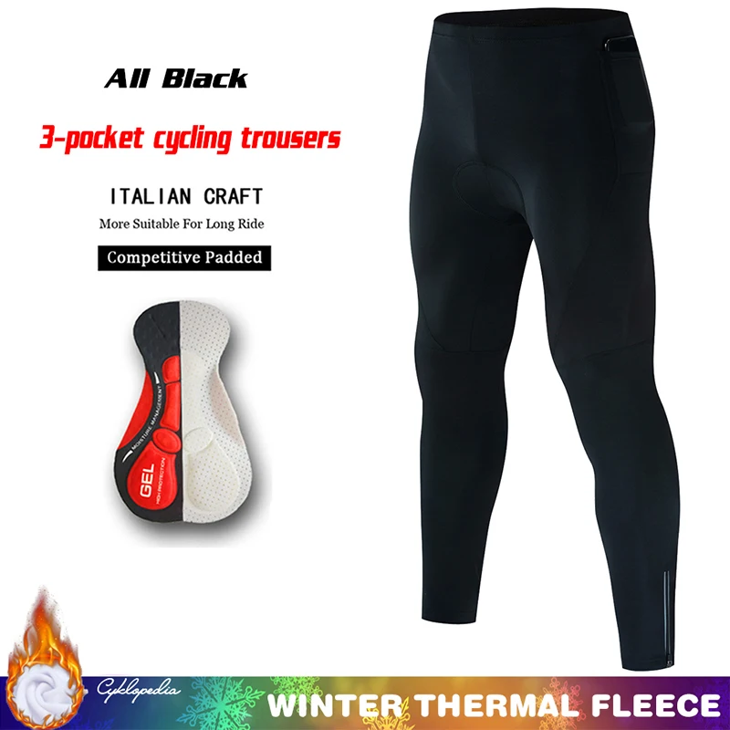 3 Pockets Winter Fleece Cycling Bib Pants Team Mtb Cycling All Black Pants Mens Bicycle Riding