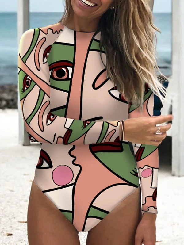 Fashion Patchwork Swimsuit Abstract Print Long Sleeve Backless Wetsuit Women Bathing Suit Summer Beachwear Backless Surf Wear