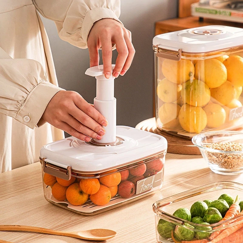 Food Storage Container Vacuum Storage Box with Drain Net Large Capacity  Food Dispenser Transparent Sealed Tank Kitchen Organizer