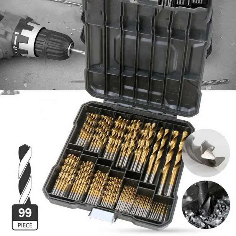 

99Pcs Drill Set 1.5mm-10mm HSS Twist Drill Bits Set High Steel Titanium Coated Metal Hole Grooving Drill Carpenter Woodworking T