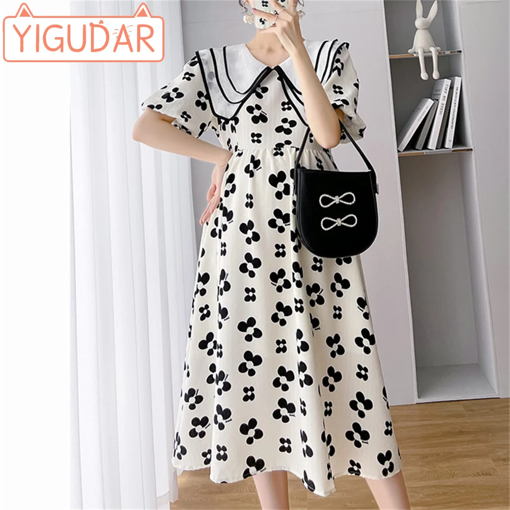 

Одежда для беременных Новинка лета 2024 модное свободное похудение свежий цветок кукольный воротник платье средней длины для беременных женщин