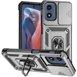 Shockproof Armor Case with Magnetic Ring Holder - Durable Protective Cover for Moto E15 (Silver)
