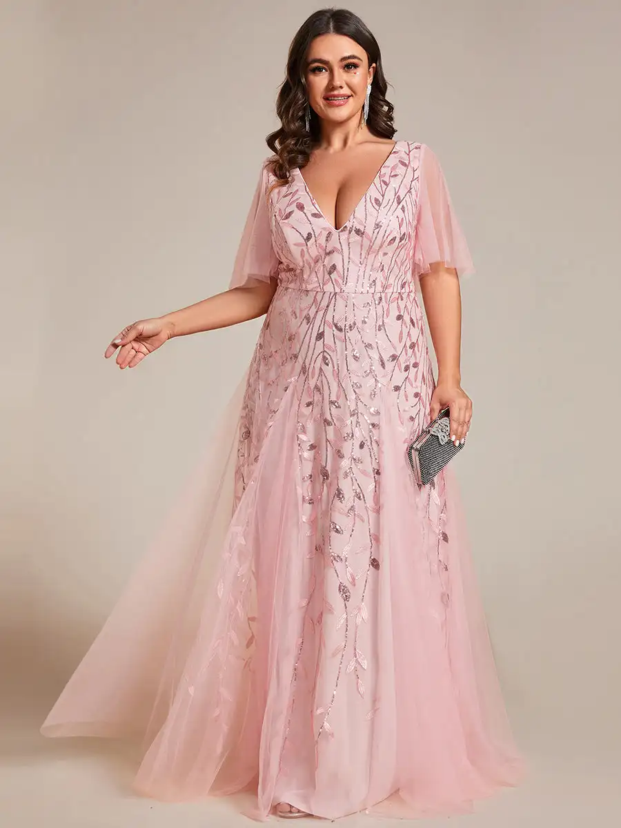 

Plus Size Evening Dress Romantic Shimmery Deep V Neck Ruffle Sleeves Floor-Length 2024 of Pink Sequin Bridesmaid dress